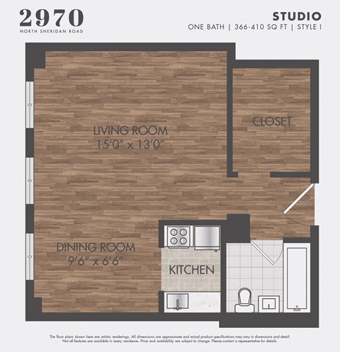 Floor plan for studio, 1 bath, 410 sqft